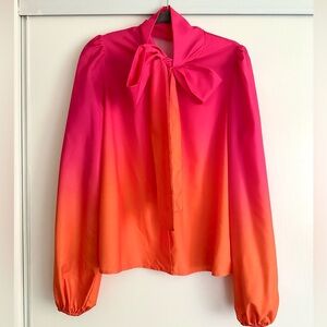 Women’s Sz L Pink/Orange Ombre Tie Neck Lantern Sleeve Blouse